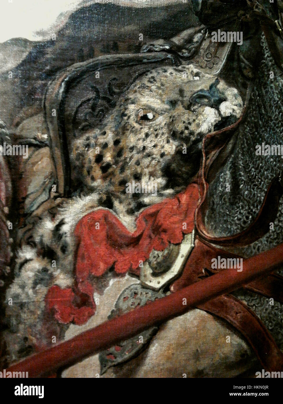 *La bataille de Grunwald*, de l'artiste polonais Matejko, est l'une des peintures historiques les plus importantes représentant la bataille de 1410 entre les forces polono-lituaniennes et les chevaliers teutoniques. Ce détail de la pièce plus grande se concentre sur l'intensité de l'affrontement, avec des personnages bloqués dans le combat et le chaos du champ de bataille. Banque D'Images