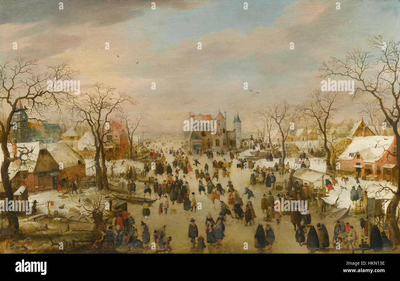 Cette peinture à l'huile met en valeur un paysage hivernal panoramique, avec un terrain enneigé, des arbres arides et une atmosphère froide et sereine, typique des scènes hivernales du nord de l'Europe. Banque D'Images