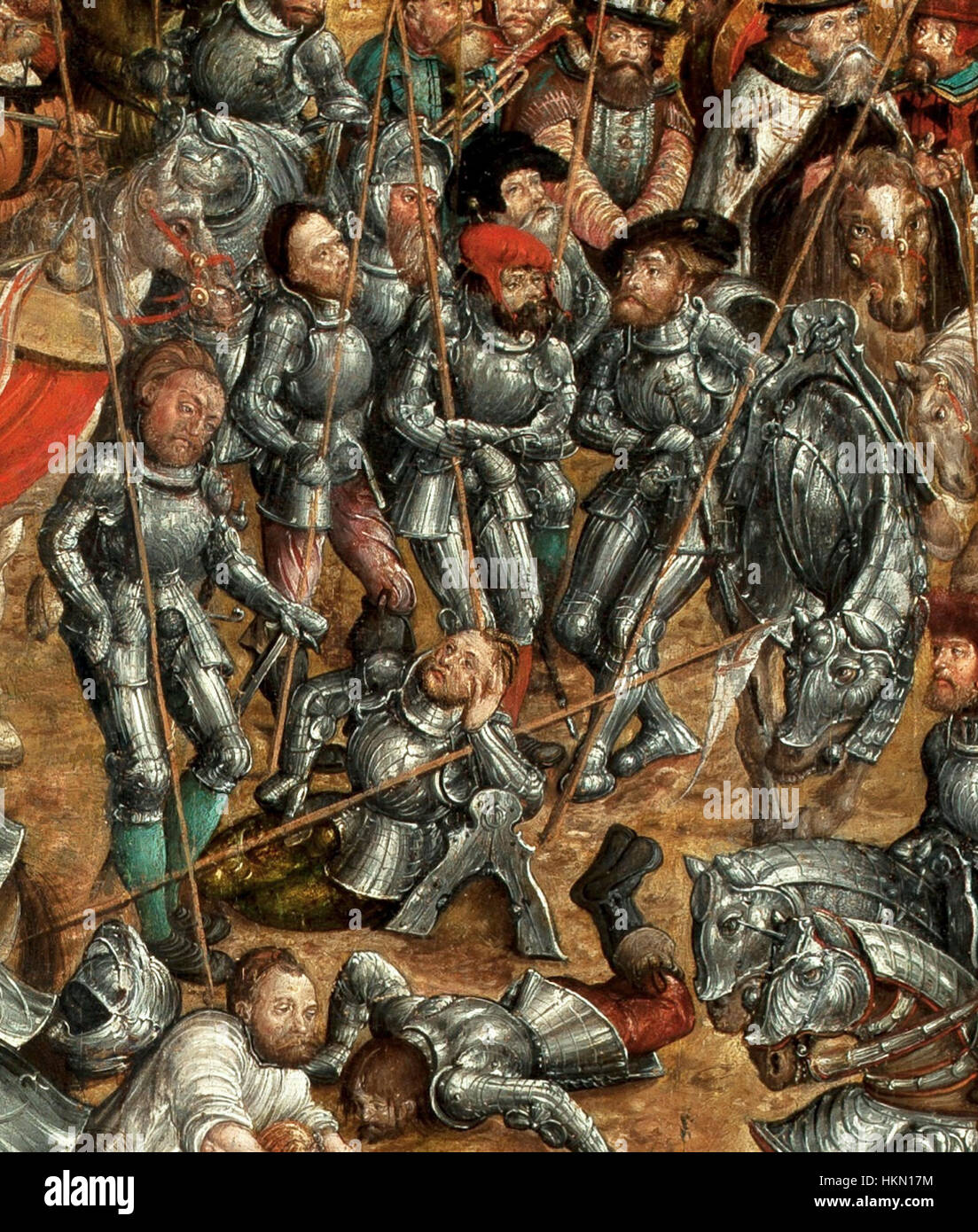 Ce détail de la bataille d'Orsha par Krell illustre le conflit entre les forces polonaises et lituaniennes en 1514. La peinture capture l'intensité de la bataille, mettant l'accent sur les figures des soldats et des chevaux au milieu du chaos. Banque D'Images