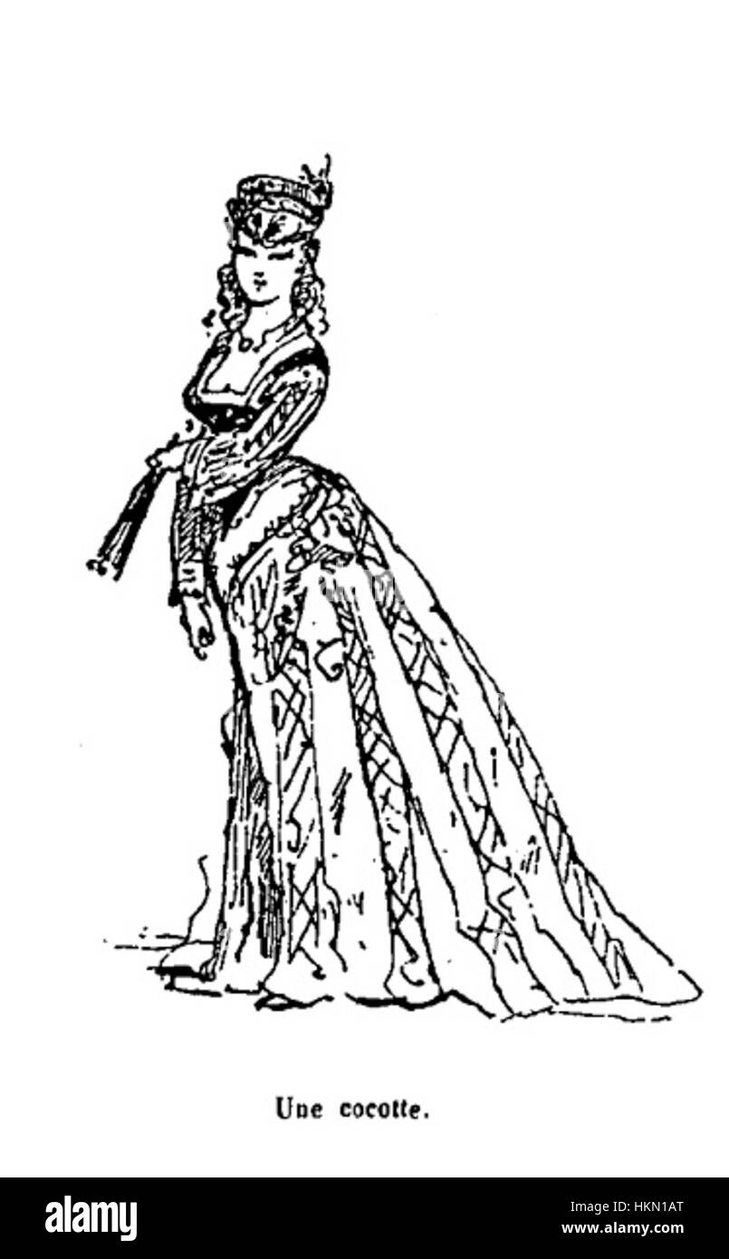 Cette illustration du XIXe siècle réalisée par Bertall présente une cocotte, terme désignant une femme à la mode, typique des représentations artistiques de la société parisienne de l'époque. Le travail de Bertall capture l'élégance et le charme de la mode et de la dynamique sociale de l'époque. Banque D'Images