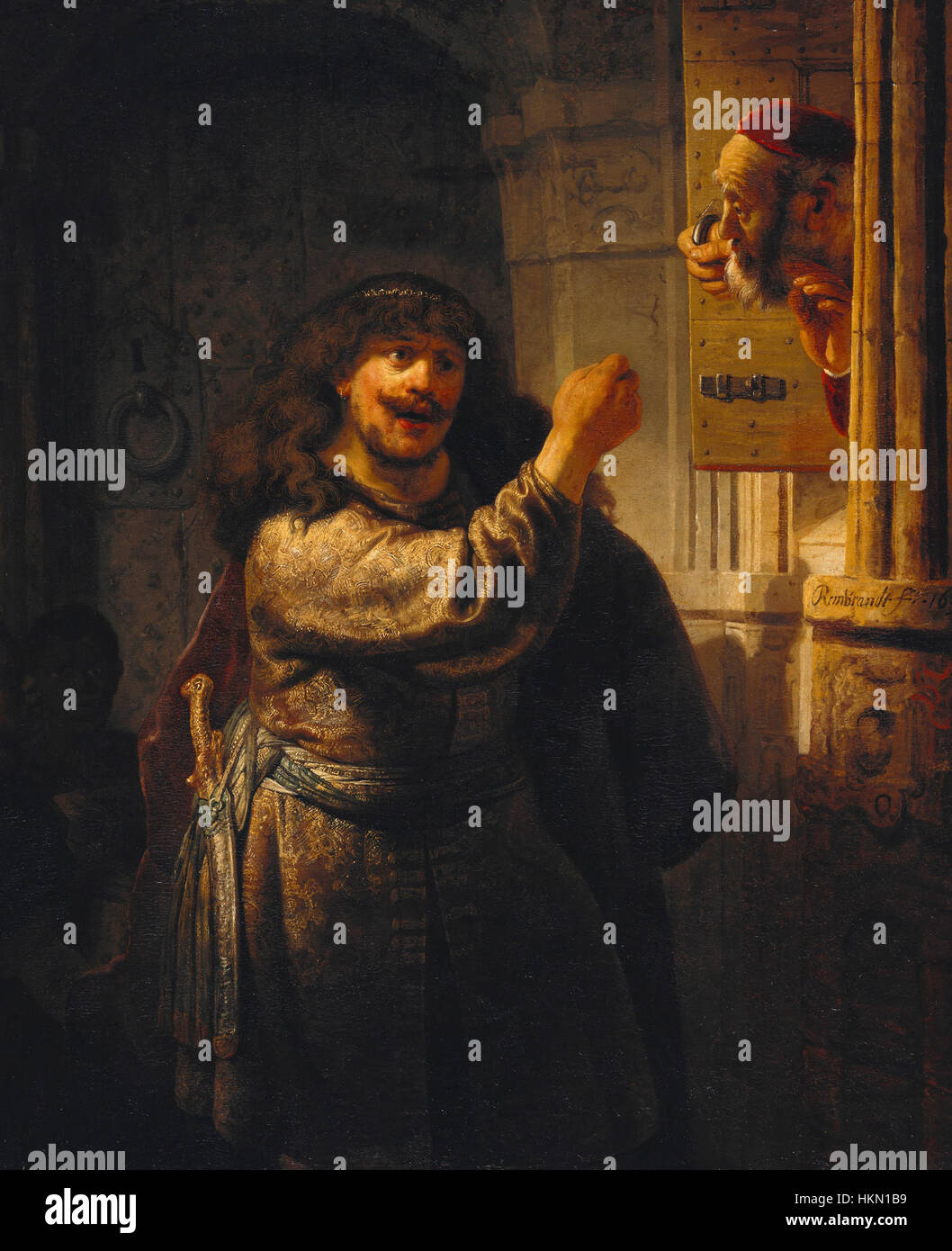La peinture de Rembrandt « Samson menaçait son beau-père » illustre un moment fort de l’histoire biblique de Samson. L’éclairage dramatique et les expressions intenses sont des éléments caractéristiques de la maîtrise de Rembrandt, donnant vie au récit biblique. Banque D'Images
