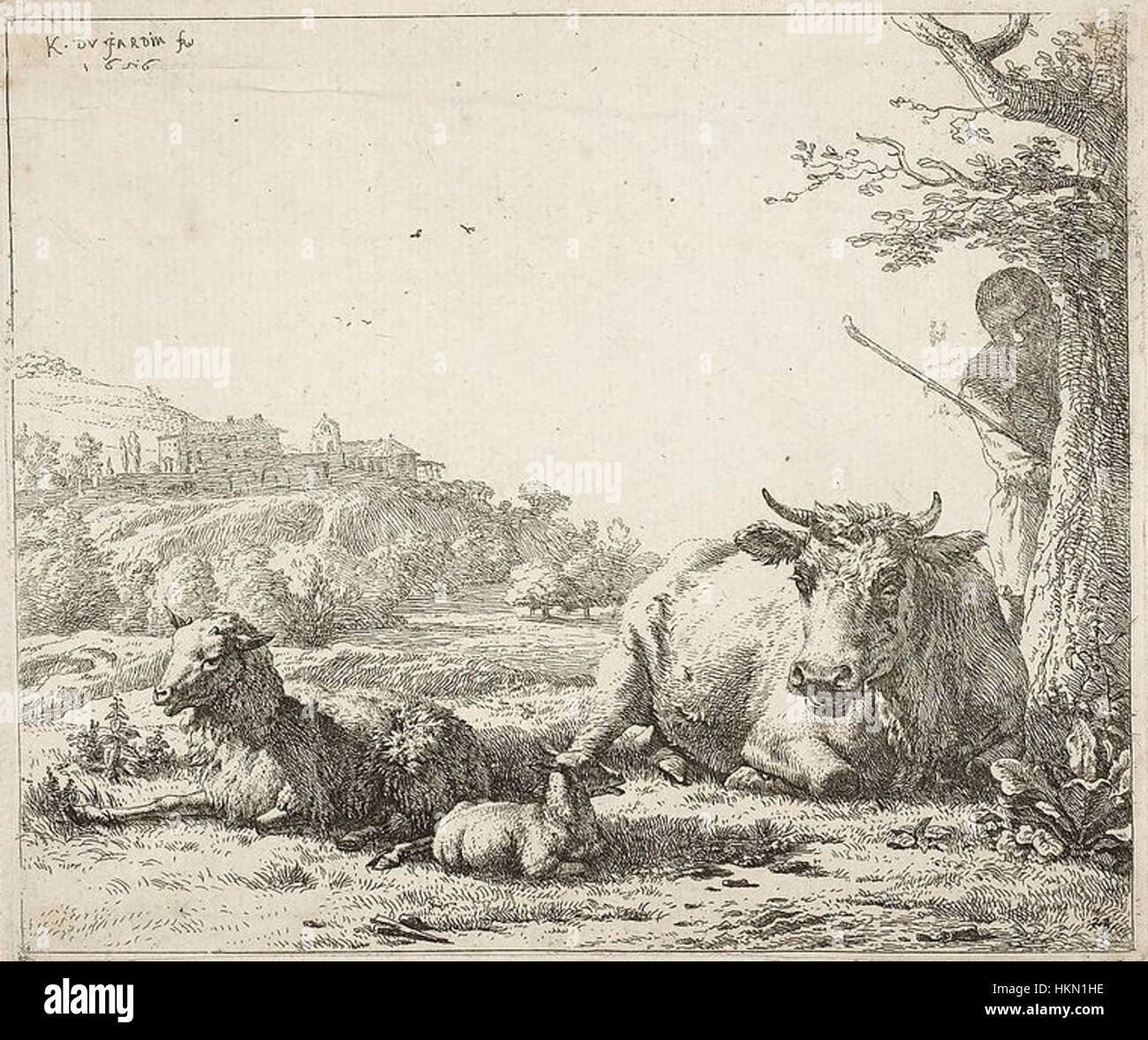 Cette peinture de Dujardin représente un berger debout derrière un arbre, symbolisant probablement un moment de réflexion tranquille. Le cadre pastoral, avec ses tons terreux et son atmosphère rurale, évoque un sentiment de paix et de solitude, typique des peintures de paysages du XIXe siècle. L’accent mis sur la nature et la simplicité de la vie rurale est un thème commun dans le travail de Dujardin. Banque D'Images