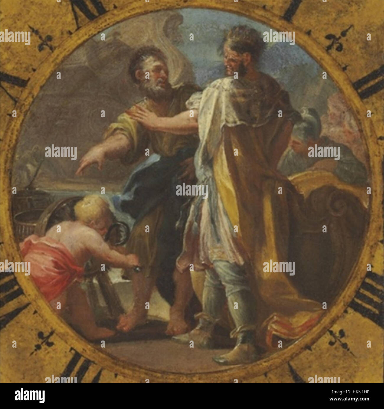 Cette œuvre montre Archimède démontrant une de ses inventions au roi Hiéron de Syracuse. La scène met en évidence l'interaction historique entre le grand inventeur et le roi dans la Grèce antique. Banque D'Images