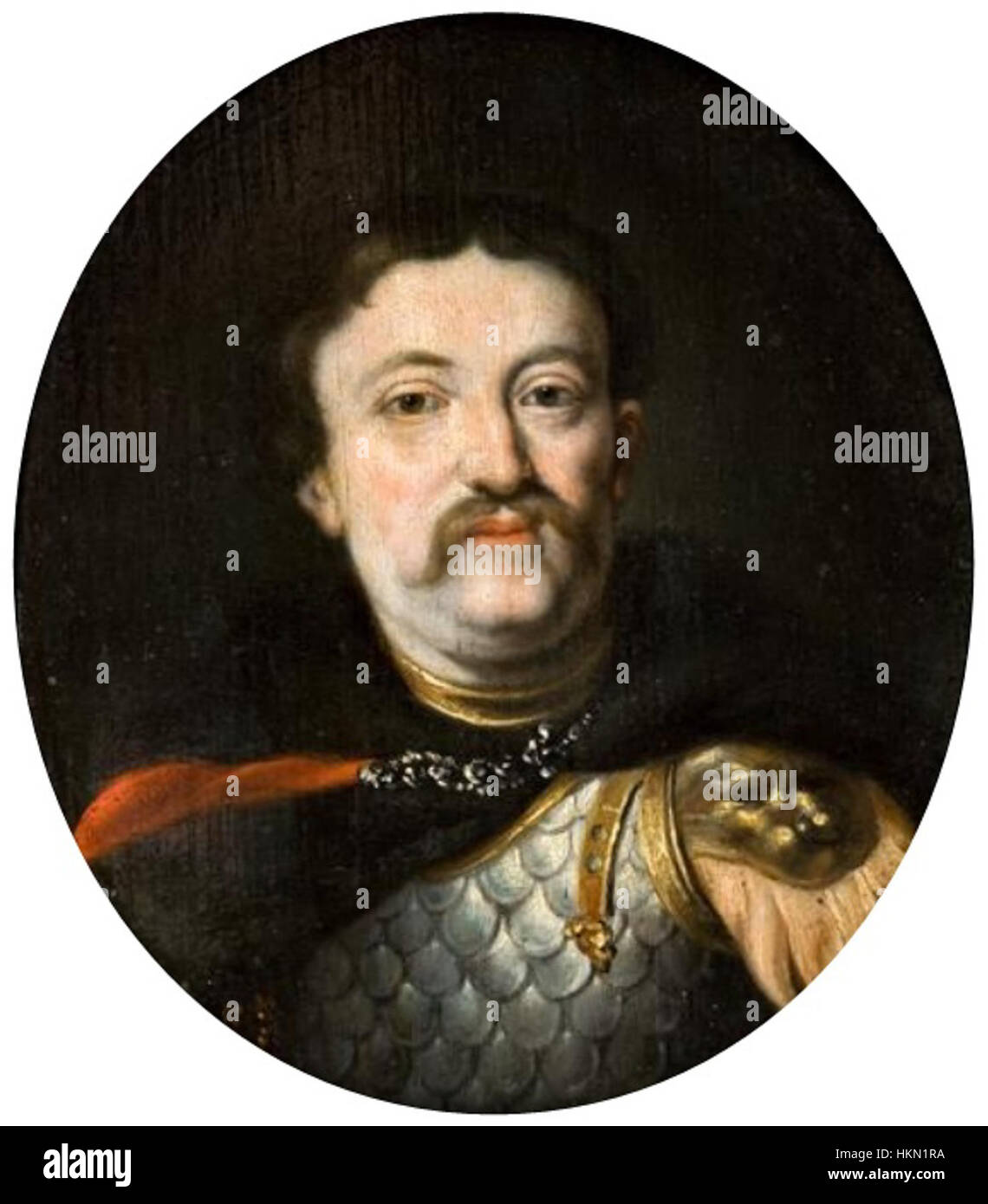 Cette œuvre présente Jean III Sobieski, roi de Pologne et grand-duc de Lituanie, qui a régné de 1674 à 1696. Sobieski est surtout connu pour avoir mené les forces polonaises à la victoire à la bataille de Vienne en 1683, stoppant l'avance ottomane en Europe. Le portrait capture sa stature militaire et son leadership. Banque D'Images