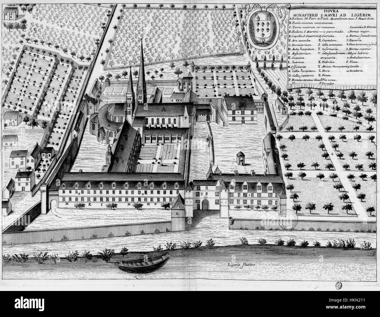 L'abbaye de Saint-Maur-sur-Loire, représentée dans le 'Monasticon Gallicanum', était un site important de la France médiévale. La peinture reflète l'architecture religieuse et la vie monastique du XIe siècle. Banque D'Images