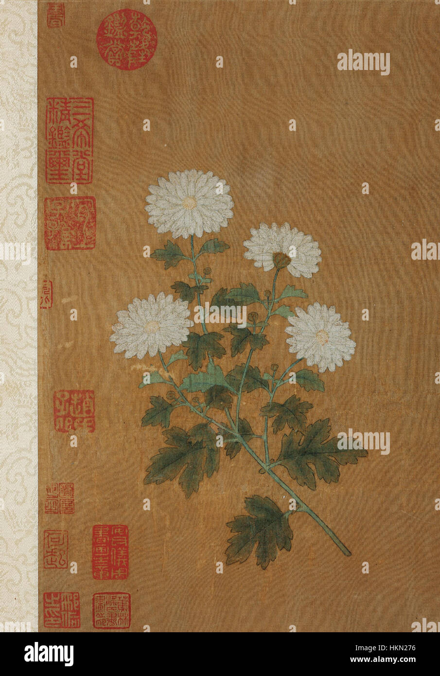 Cette œuvre de Zhao Mengfu, « dix chrysanthèmes », peinte entre 1300 et 1310, illustre la peinture traditionnelle chinoise au pinceau. Il dépeint l'élégance et la simplicité des chrysanthèmes, capturant leur signification symbolique dans la culture chinoise, souvent associée à la résilience et à la longévité. Banque D'Images