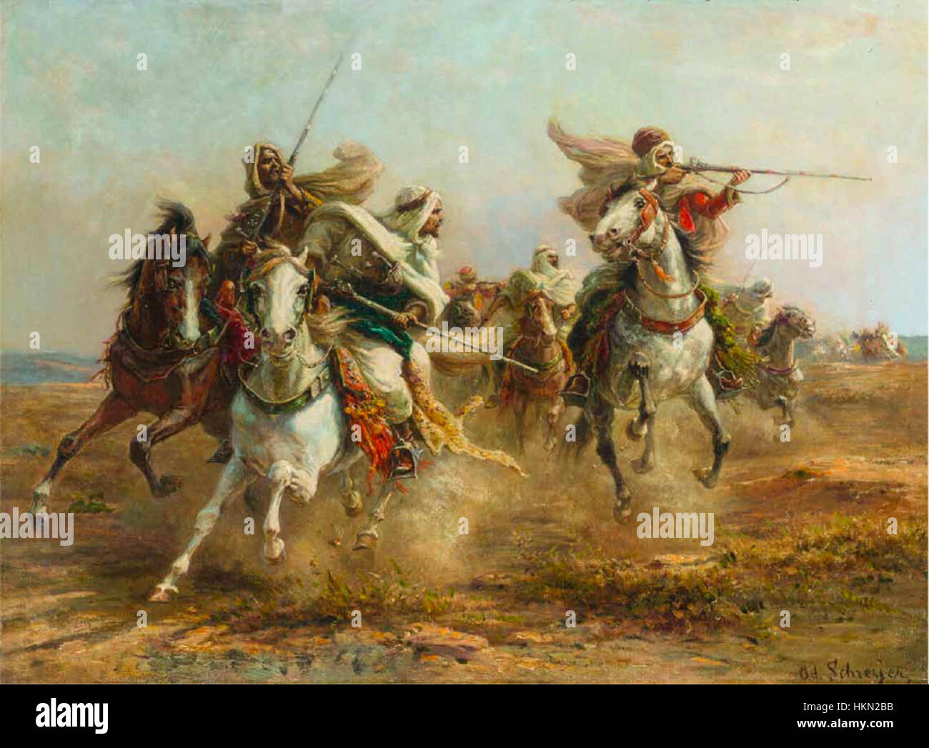 Le tableau d'Adolf Schreyer « Bedouins Taking Aim » capture un moment de tension parmi les guerriers bédouins, chacun visant avec ses armes. La scène se déroule dans un paysage désertique, reflétant l’accent mis par l’artiste sur les thèmes du moyen-Orient et les représentations historiques des cultures nomades. Banque D'Images