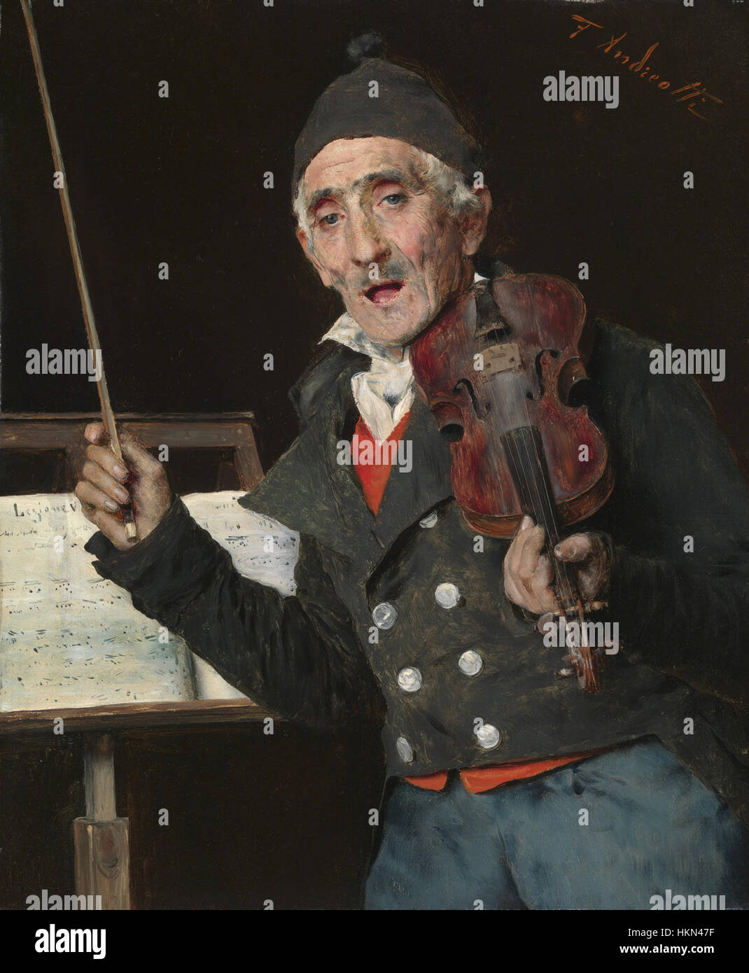 *Le professeur de violon* par Andreotti est une représentation magistrale d'un professeur de musique instruisant un élève. La peinture met en évidence le lien intime entre enseignant et élève dans le processus d'apprentissage de la musique, offrant un aperçu des traditions éducatives du XIXe siècle. Banque D'Images