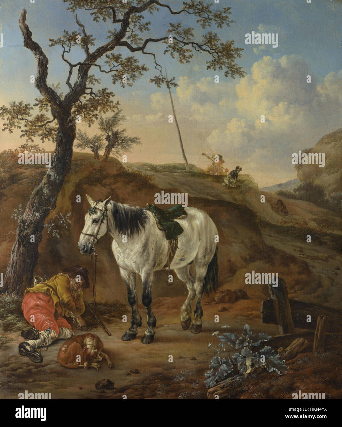 Un cheval blanc debout par un homme endormi, Pieter Verbeeck Banque D'Images