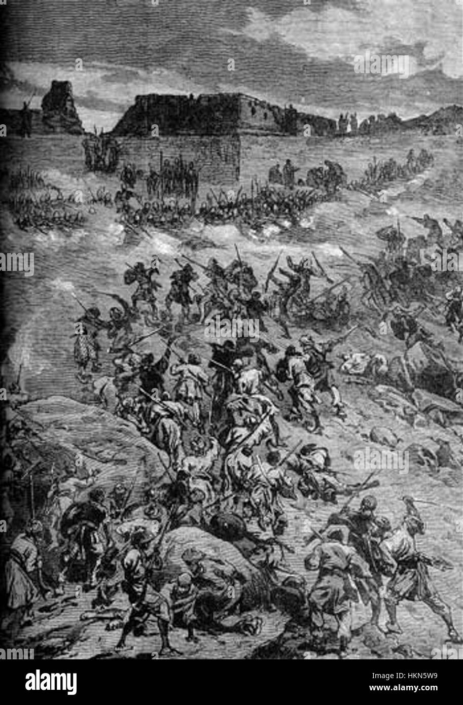 Le tableau *afghan Sherpur Assault* représente un événement important pendant la seconde guerre anglo-afghane, en se concentrant sur le siège du canton de Sherpur à Kaboul. L'œuvre traduit l'intensité de la bataille et l'action militaire stratégique pendant cette période. Banque D'Images