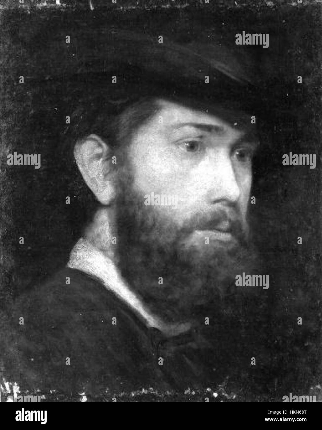 'Hlava muze s vousy' est un portrait d'un homme barbu, probablement créé par un artiste anonyme. La peinture met l'accent sur les traits du visage et la représentation détaillée de la barbe du sujet, qui peut symboliser la sagesse ou l'âge. Banque D'Images