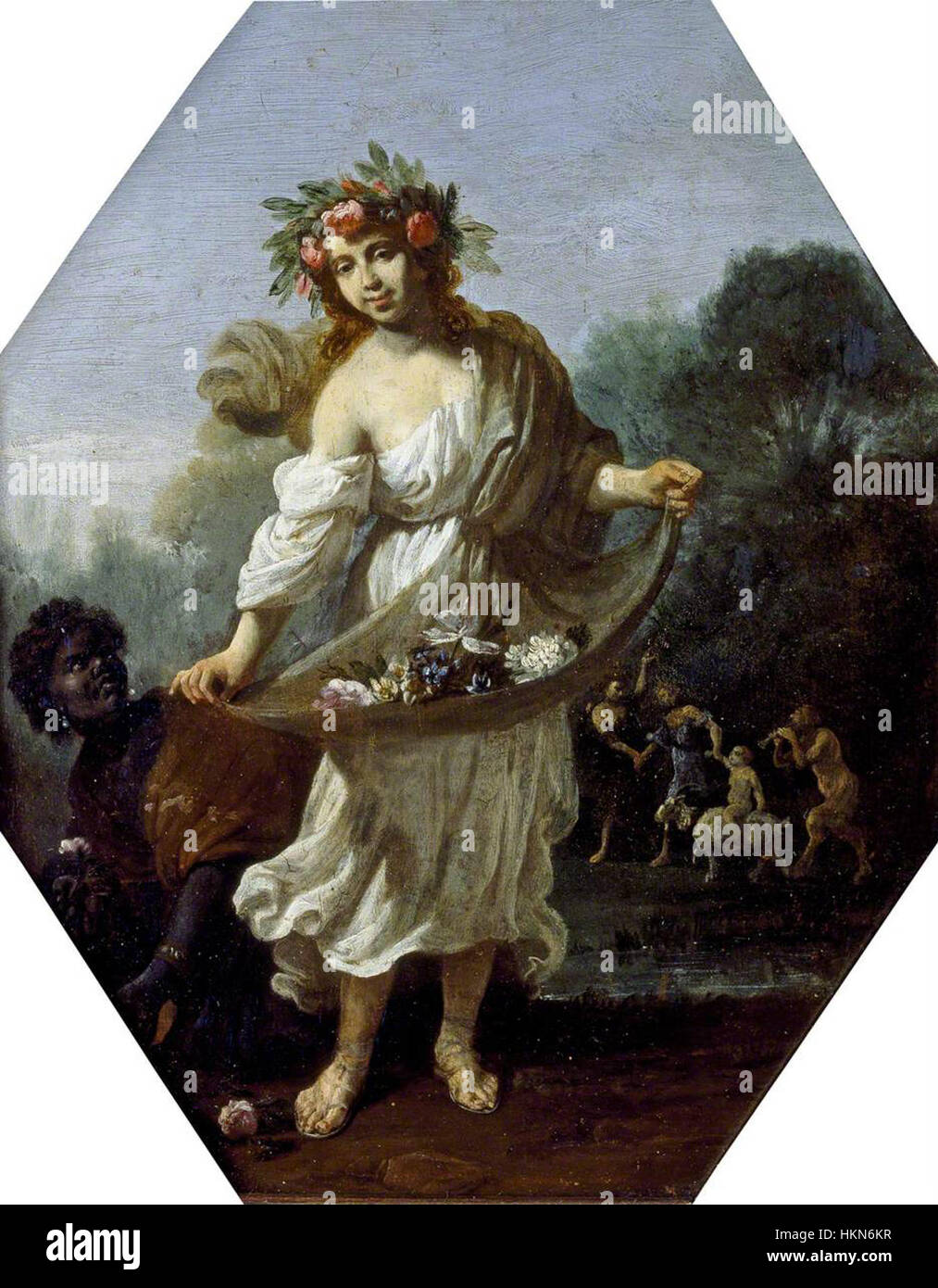 Flora de Michel-Ange Cerquozzi est une peinture à l'huile représentant la déesse romaine des fleurs et de la fertilité. Connu pour son style baroque, le portrait de la flore par Cerquozzi est riche en détails, en couleurs et en symbolisme, caractéristique de l’accent mis par l’époque sur la beauté naturelle et les sujets allégoriques. Banque D'Images