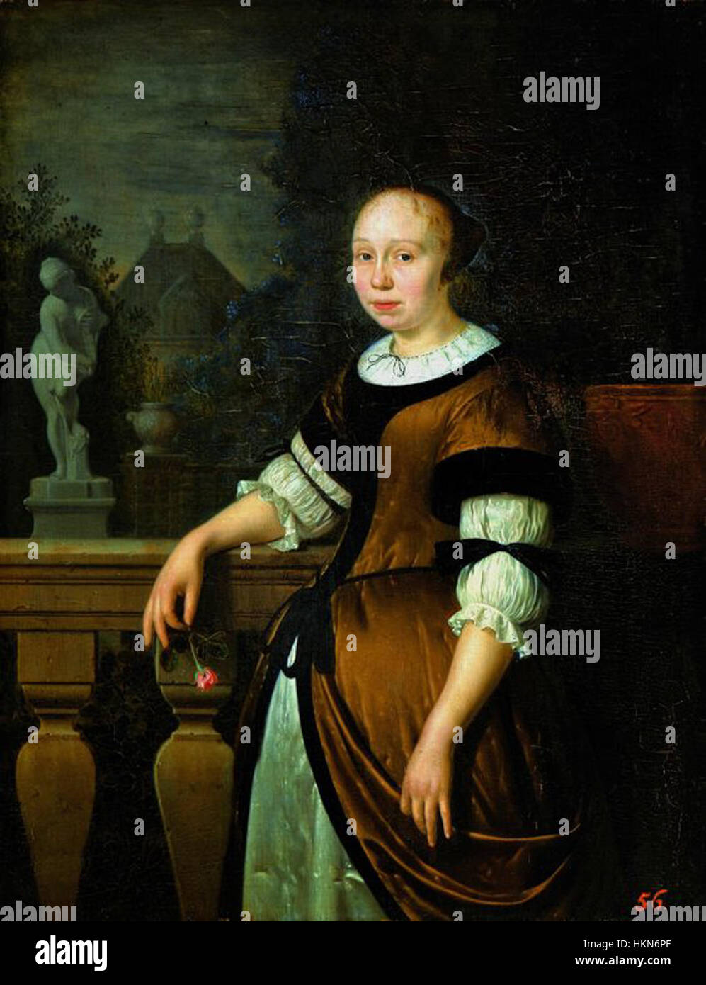 Ce portrait du XVIIe siècle réalisé par Slingelandt représente une jeune femme tenant une rose. La peinture capture l'élégance de l'époque, avec une attention particulière à la posture gracieuse du sujet et à la signification symbolique de la rose dans le contexte de la féminité et de la beauté. Banque D'Images