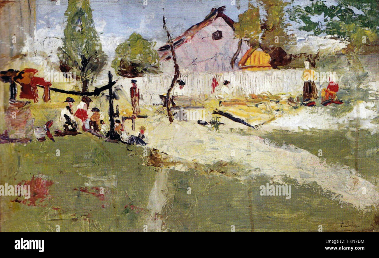 'Peisaj la Herastrau' d'Apcar Baltazar représente un paysage serein d'Herastrau, en Roumanie. La peinture capture la beauté tranquille du parc, avec un mélange harmonieux d'éléments naturels. Banque D'Images