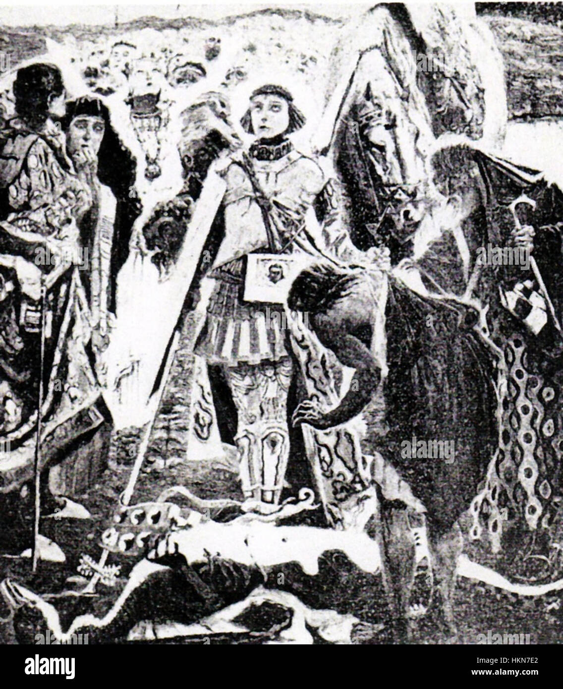 Une peinture d'Apcar Baltazar représentant Saint George tuant le dragon, un thème classique de l'art chrétien symbolisant le triomphe du bien sur le mal. Banque D'Images