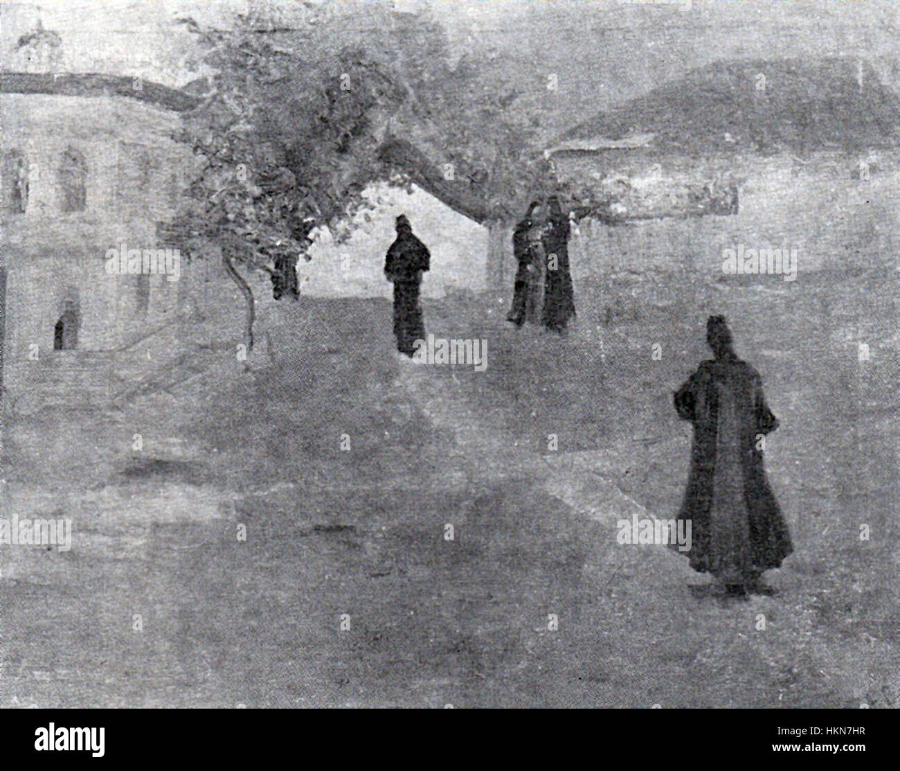 'Curte de Manastire' d'Apcar Baltazar est une peinture historique représentant la cour d'un monastère, mettant en valeur la vie religieuse tranquille de l'époque. Banque D'Images