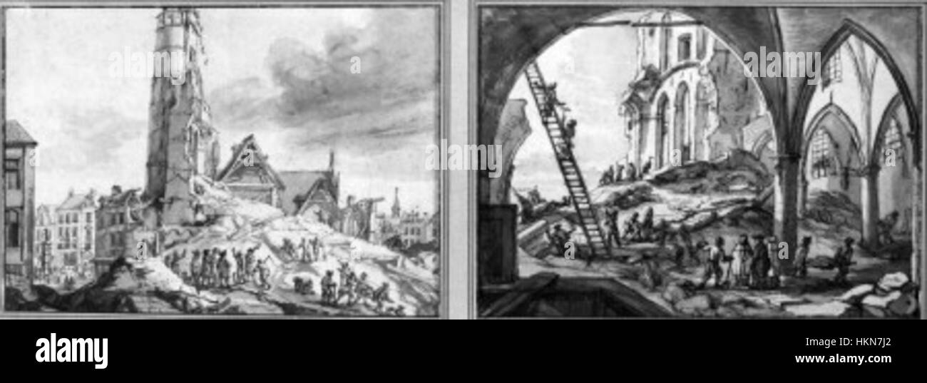 Ce tableau représente la démolition de Saint-Goriks, capturant la transformation du paysage urbain. L'œuvre met l'accent sur l'impact de la modernisation sur l'architecture historique et l'évolution du paysage urbain. Banque D'Images