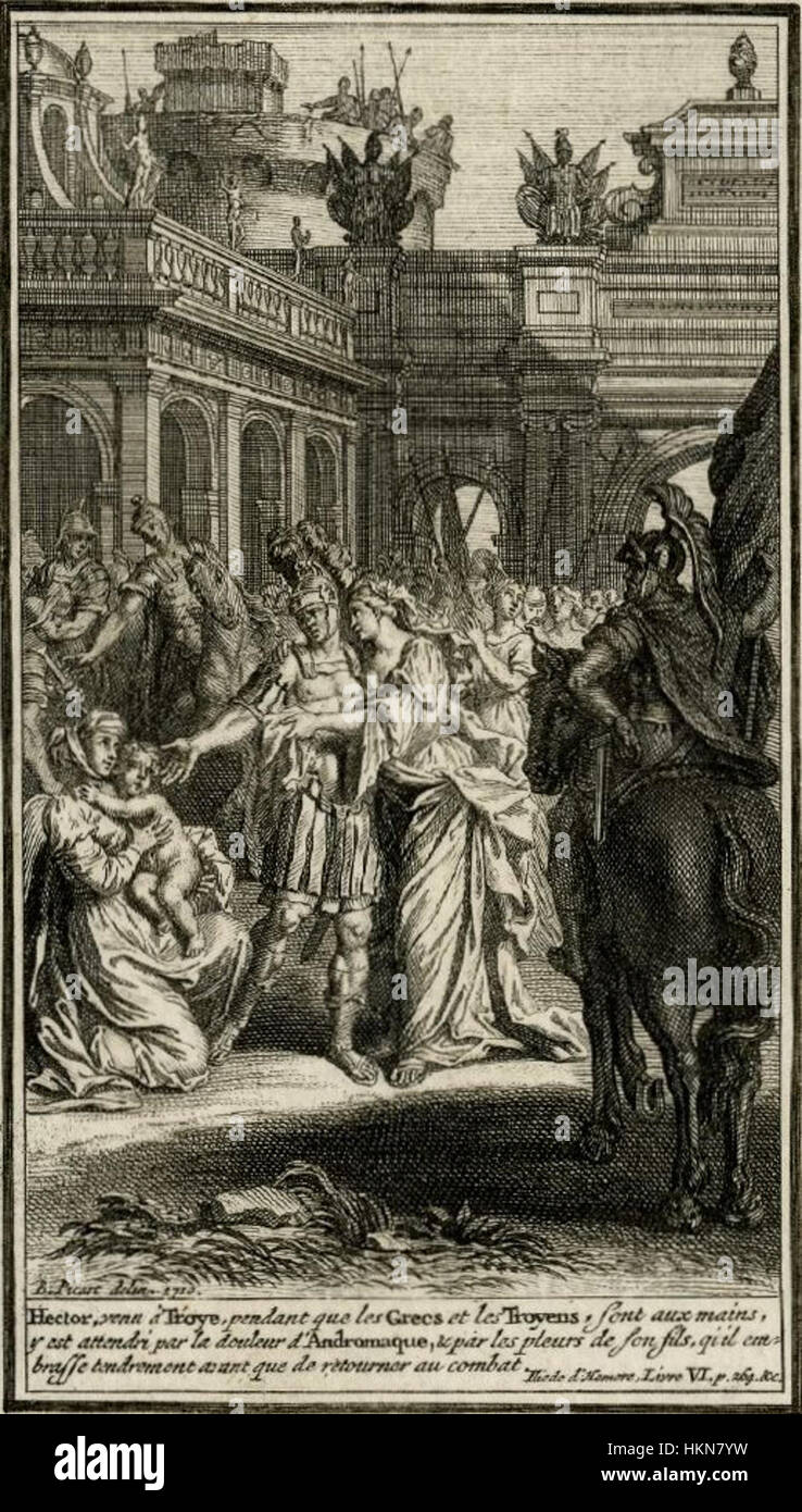 « Iliade Hector et Andromache » de Bernard Picart est une gravure historique représentant une scène de l'Iliade d'Homère, se concentrant sur le moment poignant entre Hector et Andromache avant le départ d'Hector pour la bataille. Cette œuvre capture l'intensité émotionnelle de la mythologie grecque. Banque D'Images