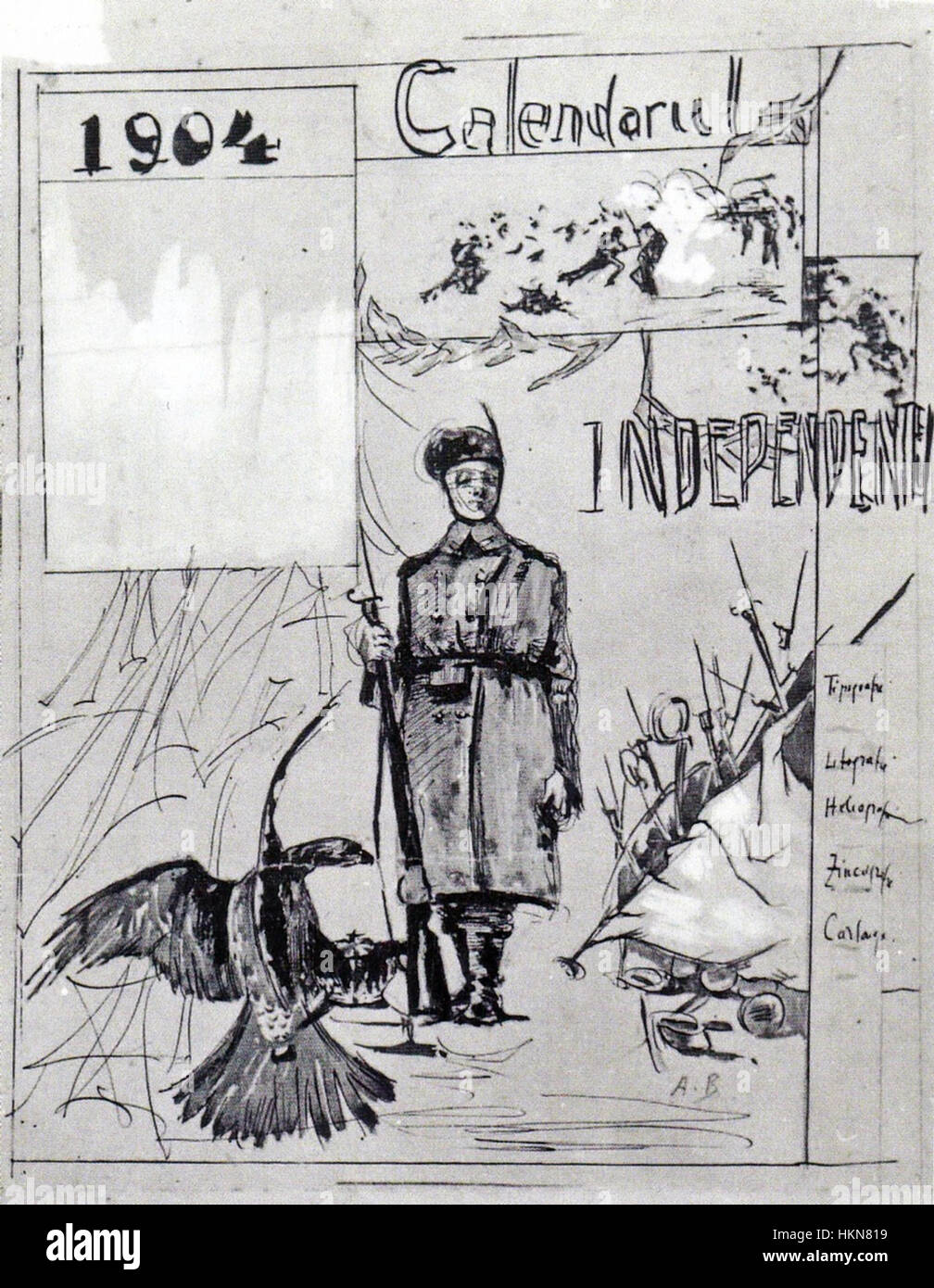 L'œuvre graphique d'Apcar Baltazar de 1904, intitulée 'Proiect pentru Calendarul Independentei' (projet pour le calendrier de l'indépendance), présente un design détaillé reflétant l'indépendance roumaine. Cette œuvre a été créée pour célébrer l'anniversaire national de la Roumanie. Banque D'Images