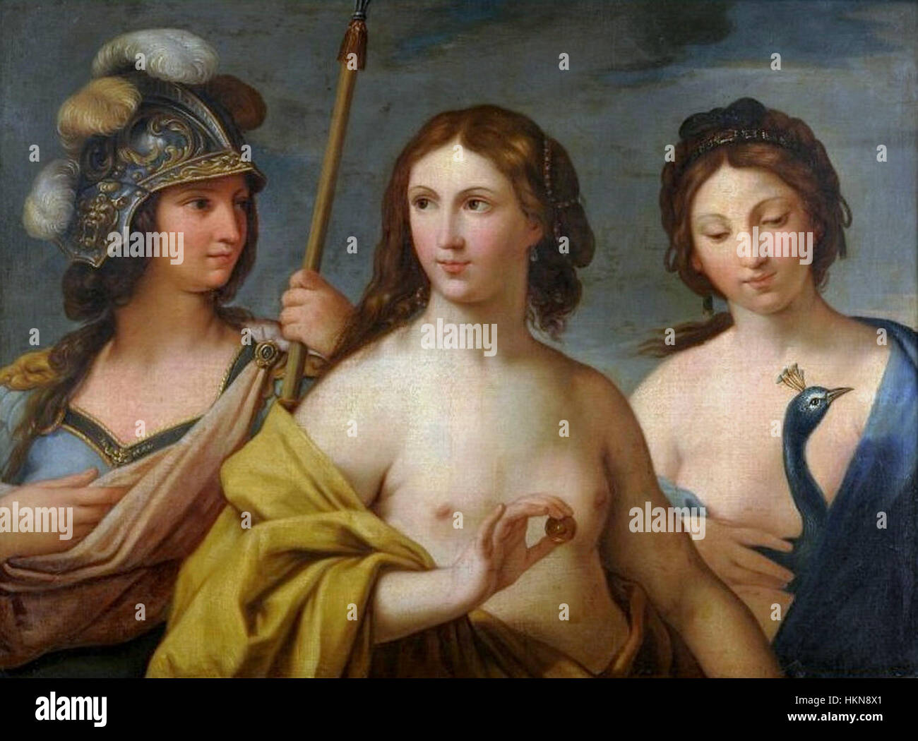 Cette œuvre anonyme représente trois déesses, capturant la beauté classique et le symbolisme de la forme féminine dans la représentation mythologique. La peinture est révélatrice de traditions artistiques anciennes. Banque D'Images