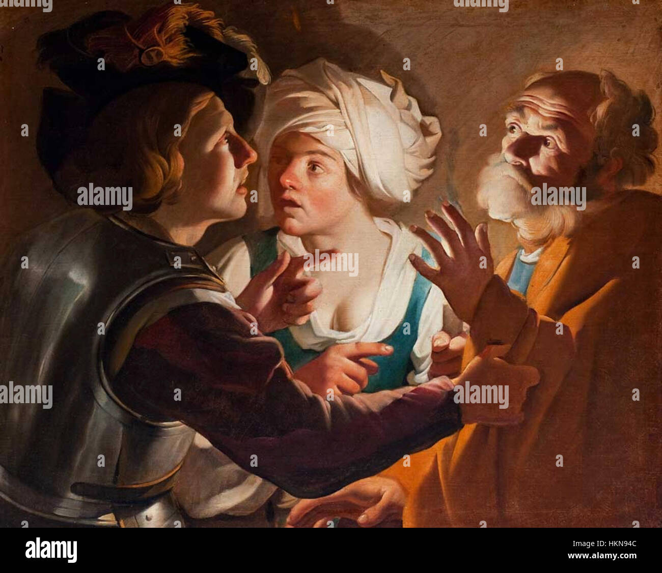 Cette peinture de Hendrick Baburen représente le moment de la négation de Jésus par Saint Pierre. La composition capture de manière éclatante la tension émotionnelle et l'éclairage dramatique typique du style baroque. Banque D'Images Cette peinture de Hendrick Baburen représente le moment de la négation de Jésus par Saint Pierre. La composition capture de manière éclatante la tension émotionnelle et l'éclairage dramatique typique du style baroque. Banque D'Images