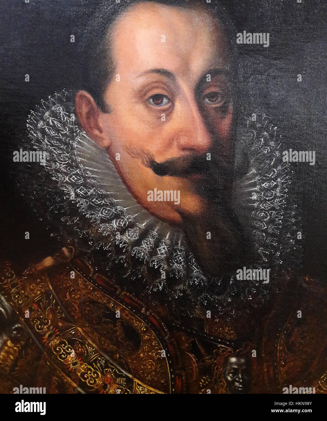 Ce portrait détaillé de Sigismond III Vasa en demi-armure présente le roi polonais en tenue militaire, soulignant son rôle dans le Commonwealth polono-lituanien au début du XVIIe siècle. Banque D'Images