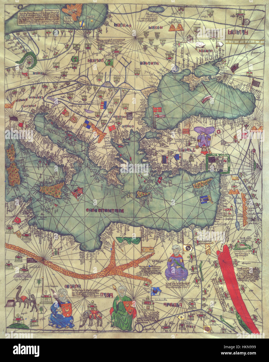 Une carte détaillée de l'atlas catalan, créée par Abraham et Jehuda Cresques, représentant l'Europe de l'est dans une perspective méridionale. Cette carte est un artefact historique important du XIVe siècle. Banque D'Images