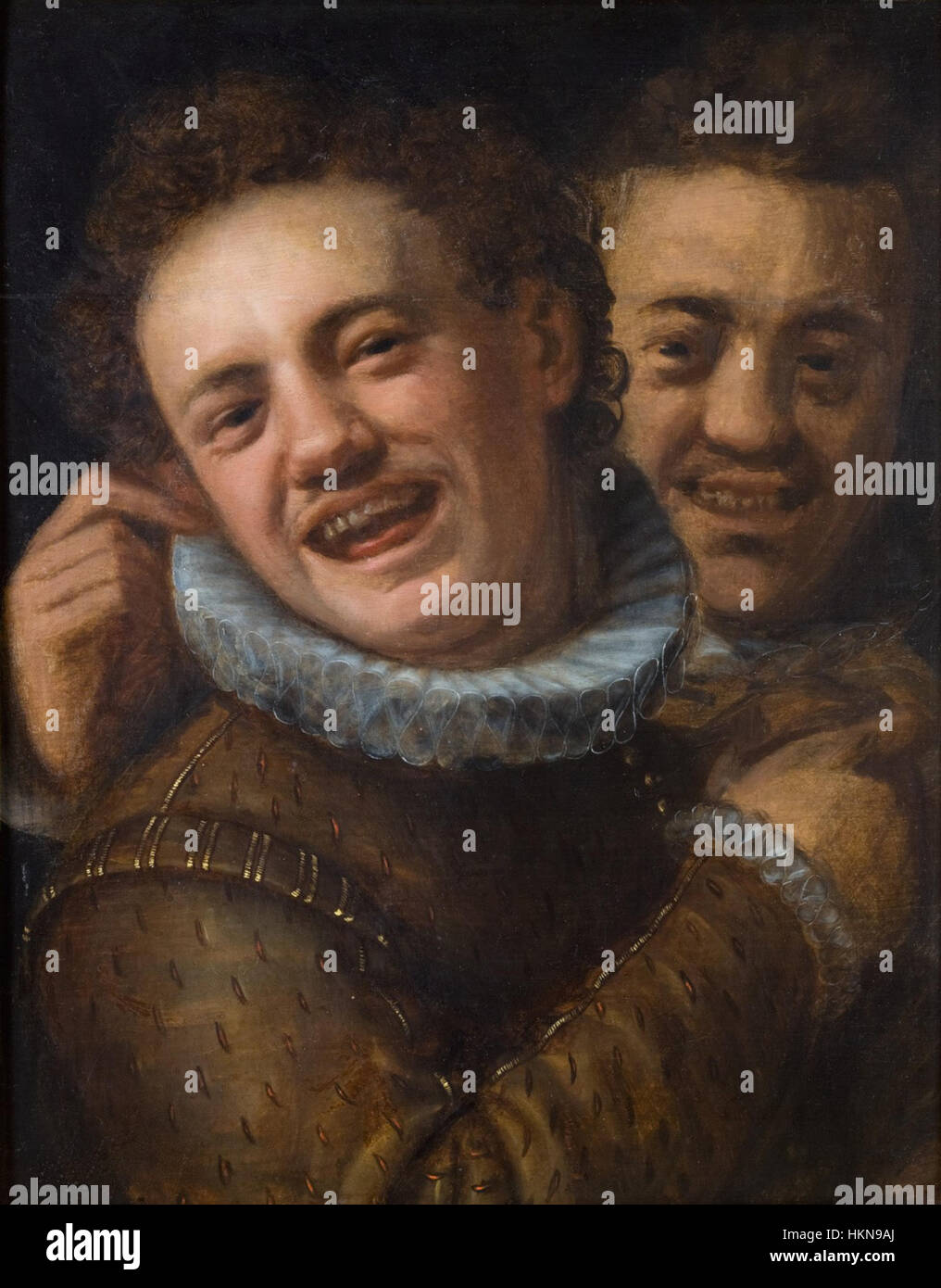 *Two Laughing Men* est un autoportrait de Hans von Aachen, créé à la fin du XVIe siècle. Le tableau présente deux personnages engagés dans un rire chaleureux, mettant en valeur les compétences de von Aachen en portrait. Son travail mélange des éléments de la Renaissance nordique et maniériste, mettant l'accent sur les expressions faciales et l'émotion humaine. Banque D'Images