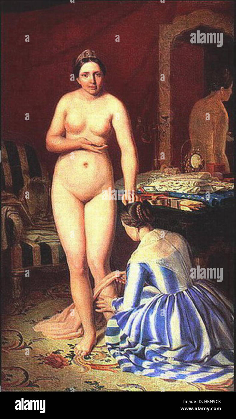 La peinture d'Alexeï Venetsianov 'toilettes de Diana' représente la déesse romaine classique Diana dans un cadre serein et gracieux. L'œuvre est un exemple de l'art néoclassique russe, reflétant l'influence des traditions artistiques d'Europe occidentale et des goûts impériaux russes au XIXe siècle. Banque D'Images