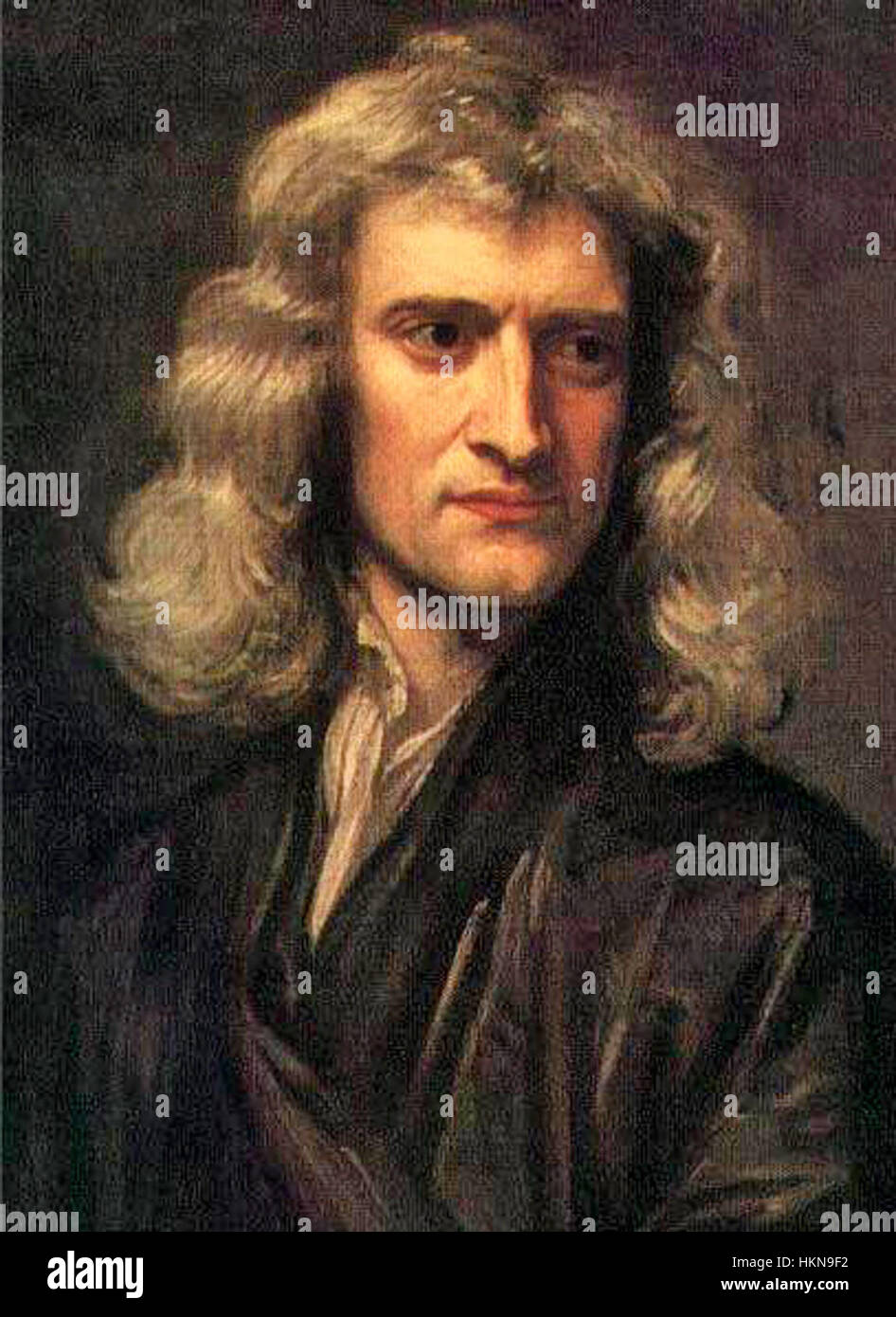 Le portrait de Sir Isaac Newton réalisé en 1689 par Sir Godfrey Kneller est une représentation significative du célèbre scientifique. La peinture met en valeur l’expression contemplative de Newton, incarnant son héritage intellectuel pendant la période des lumières. Banque D'Images