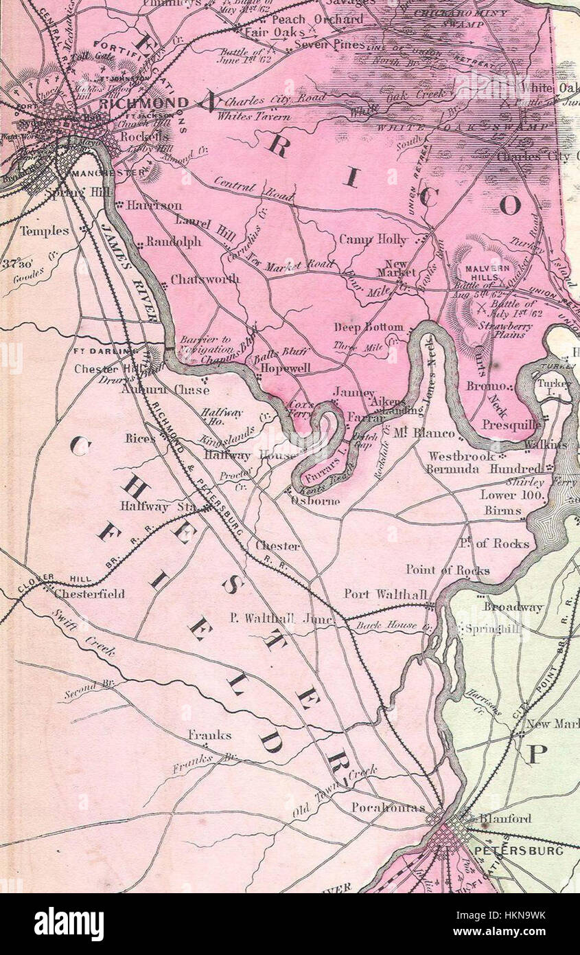 1862 Johnson's Carte de la région de Richmond et campagne péninsulaire en Virginie - Geographicus - Richmond-j-62 Richmond et Petersburg Railroad Banque D'Images