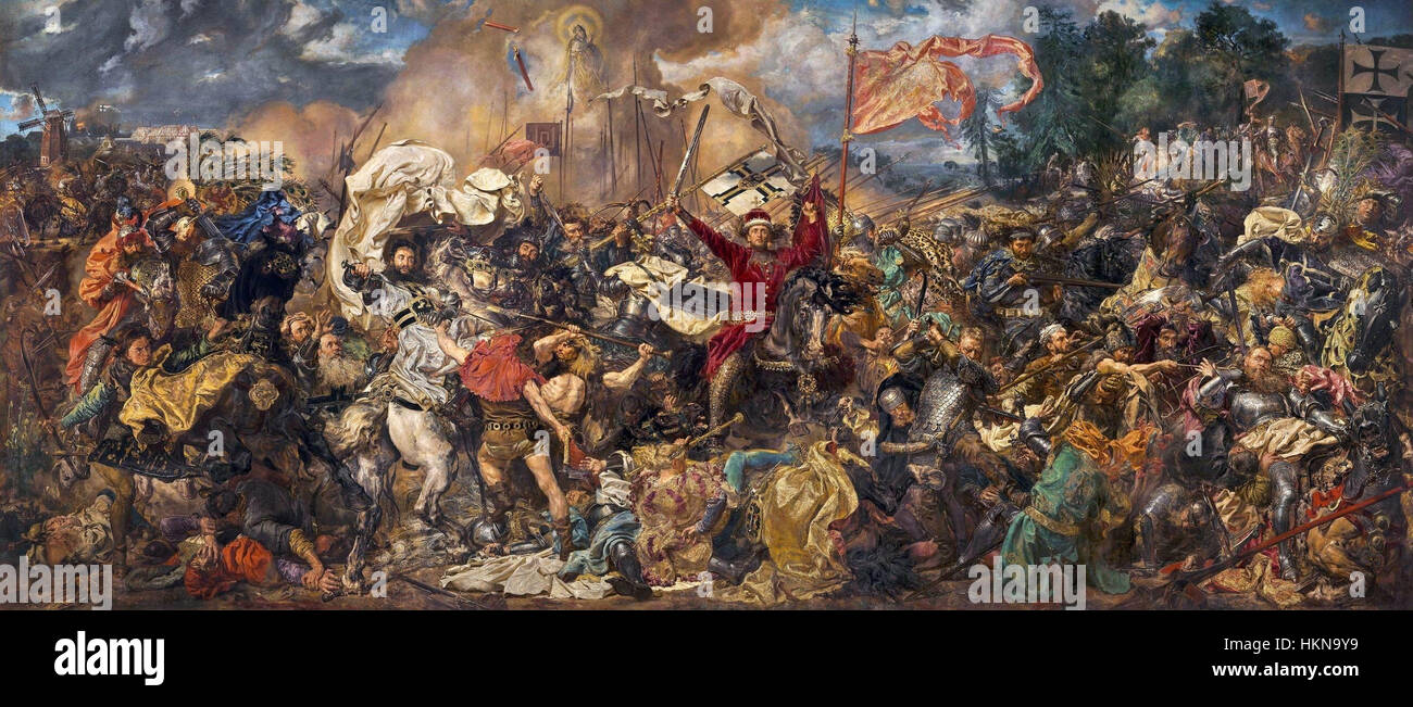 La « bataille de Grunwald » de Jan Matejko est une peinture monumentale représentant la bataille historique de Grunwald qui s'est déroulée en 1410 entre les forces polonaises et teutoniques. La peinture capture l'intensité de la bataille, l'importance stratégique et la victoire des forces polono-lituaniennes, marquant un moment charnière dans l'histoire médiévale européenne. Banque D'Images