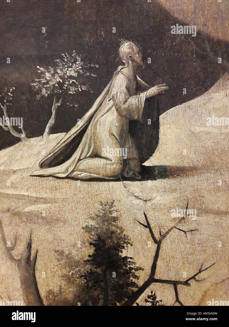 Cette section détaillée de *agonie dans le jardin* de Weerdt décrit la tourmente émotionnelle du Christ dans le jardin de Gethsémani. L’œuvre capture le moment poignant avec des détails complexes et une expression émotive, en se concentrant sur la lutte divine. Banque D'Images