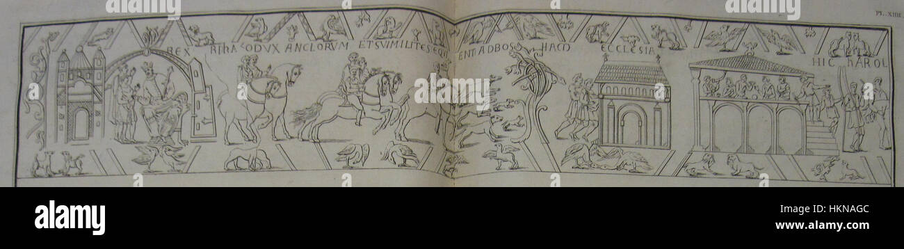 La tapisserie de Bayeux est un tissu brodé médiéval qui représente les événements menant à la conquête normande de l'Angleterre. Cette section, capturée par de Montfaucon, met en valeur le riche récit historique et l'artisanat artistique du XIe siècle. Banque D'Images