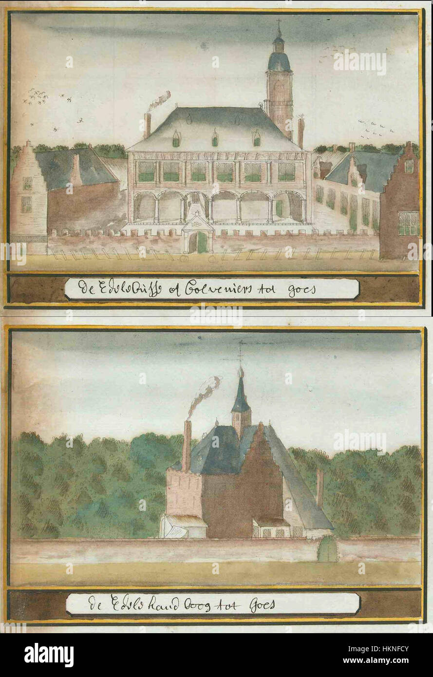 Une carte historique d'Atlas Schoemaker représentant Zeeland et la ville de Goes, illustrant les premières techniques cartographiques et la géographie régionale. Banque D'Images