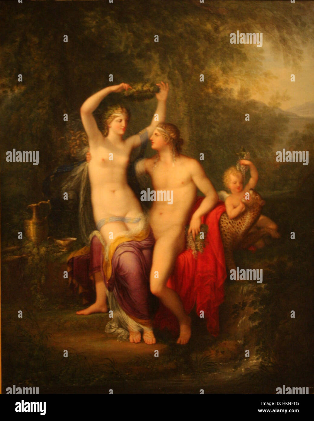 *Bacchus et Ariane*, peint dans les années 1700, représente la scène mythologique de Bacchus, le Dieu du vin, rencontrant Ariane, la princesse de Crète. L'œuvre mélange la mythologie classique avec le style baroque, mettant en évidence des couleurs vibrantes et une composition dynamique typique de l'époque. Banque D'Images