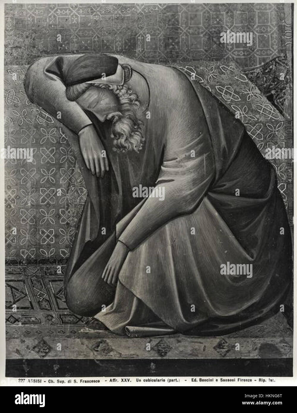 Apparizione a Gregorio IX est une fresque de l'artiste italien Giotto, représentant l'apparition de Saint François au pape Grégoire IX. La fresque est un chef-d'œuvre de l'art du début de la Renaissance, mettant en valeur l'utilisation innovante de l'espace et de la lumière par Giotto. Banque D'Images