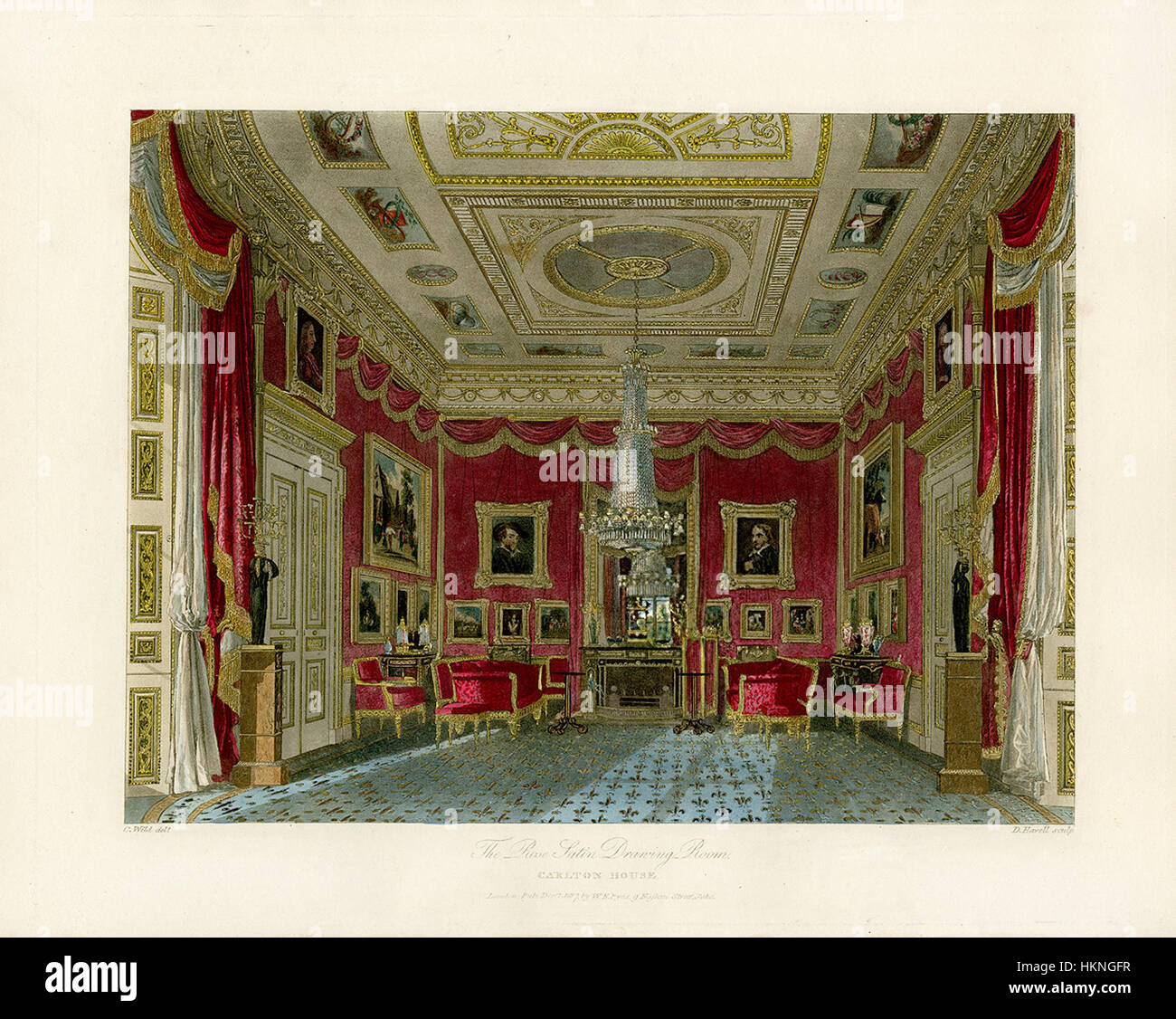 Une représentation du salon Rose Satin de Carlton House de la série 'Pyne's Royal Residences', datant de 1819. L'illustration met en évidence le design luxueux et élégant du salon, mettant en valeur le décor et le mobilier d'époque. Banque D'Images