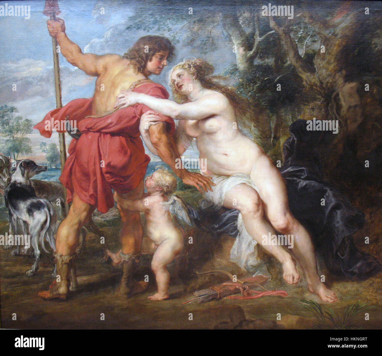 Le tableau *Vénus et Adonis* de Peter Paul Rubens, créé en 1638, dépeint le moment mythologique où Vénus tente d’empêcher Adonis de partir à la chasse. La pièce est réputée pour son utilisation dramatique de la couleur, du mouvement et de la représentation de l'amour divin et terrestre. Banque D'Images
