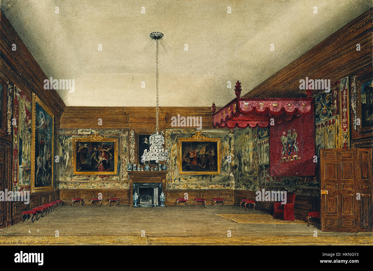 Tableau de James Stephanoff de 1818 représentant la salle du trône du palais de Hampton court, symbole du pouvoir royal et du luxe. L'œuvre d'art capture la grandeur et l'architecture détaillée de l'emblématique palais britannique. Banque D'Images