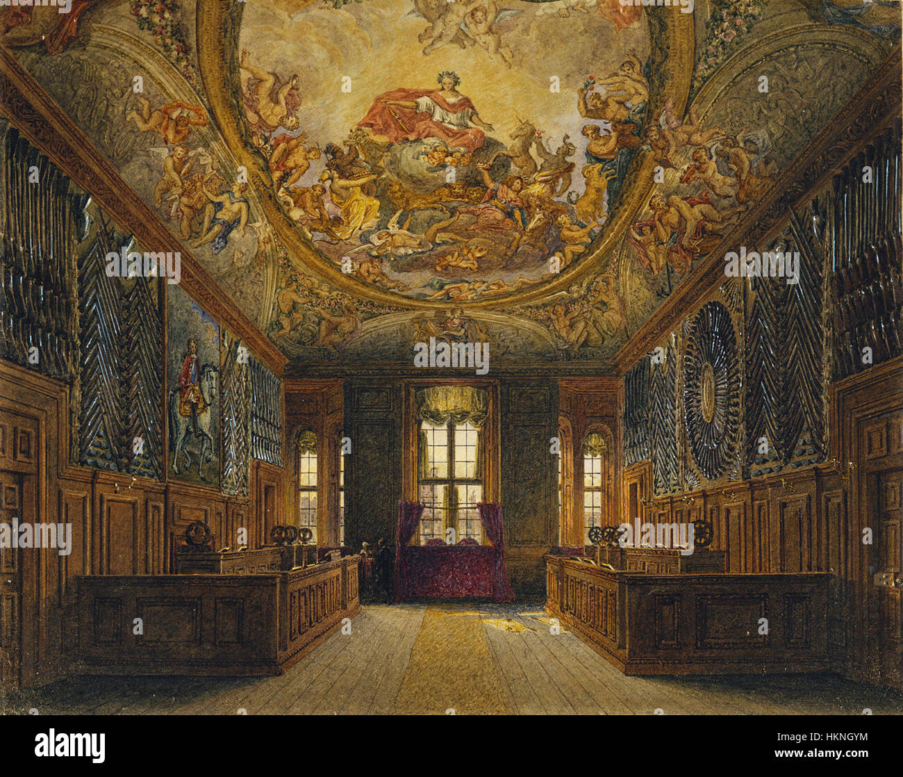 Le tableau « Windsor Castle, Queen's Guard Chamber » de Charles Wild de 1817 présente la résidence royale dans des œuvres d'art détaillées. Cette pièce historique capture l'essence du château de Windsor et de son emblématique chambre de la Garde de la Reine, souvent exposée dans des galeries faisant partie des collections royales. Banque D'Images