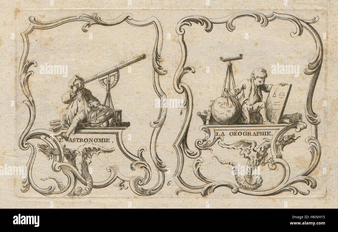 Cette œuvre représente les représentations allégoriques de l'astronomie et de la géographie, deux branches de la science qui explorent l'univers et la Terre. La peinture combine des figures symboliques pour représenter ces disciplines, mettant en valeur leur importance historique et la quête humaine de la connaissance du monde et du cosmos. Banque D'Images