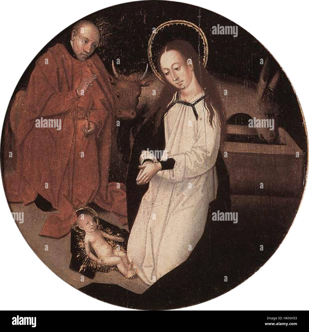 Un tableau du XVIe siècle, 'Nativité', attribué à un artiste inconnu. Cette pièce représente la naissance de Jésus-Christ, un thème commun à la Renaissance comprise La peinture met en évidence l'utilisation par l'artiste de la lumière, de la couleur et du symbolisme religieux dans la représentation de la scène de la nativité. Banque D'Images