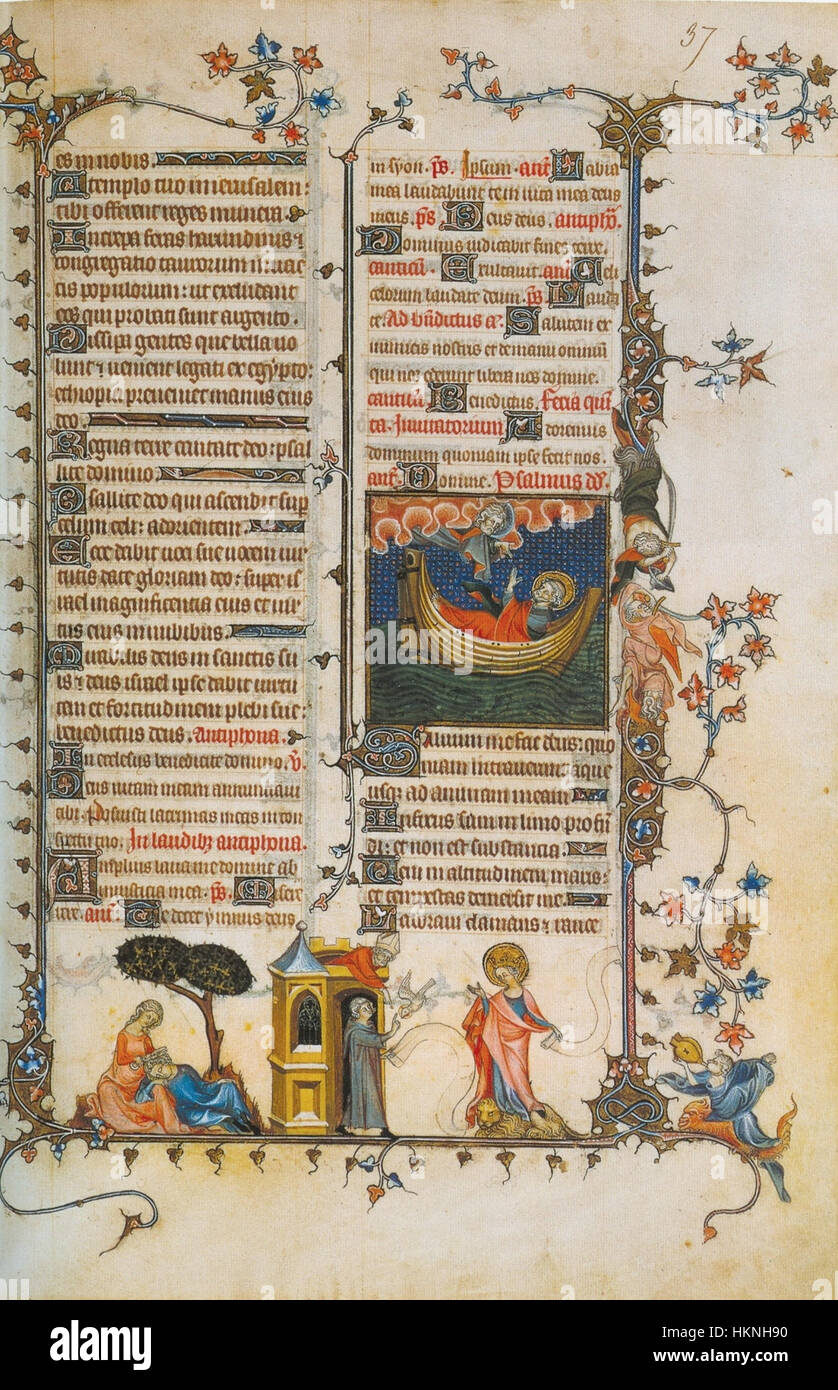 Le « bréviaire de Belleville », illuminé par Jean Pucelle, est un manuscrit du XIVe siècle qui présente des illustrations religieuses détaillées et des décorations complexes. Le bréviaire a été créé pour l'usage personnel d'un noble patron et reflète le style artistique de la période gothique, combinant des thèmes religieux avec des illustrations délicates et raffinées. Banque D'Images