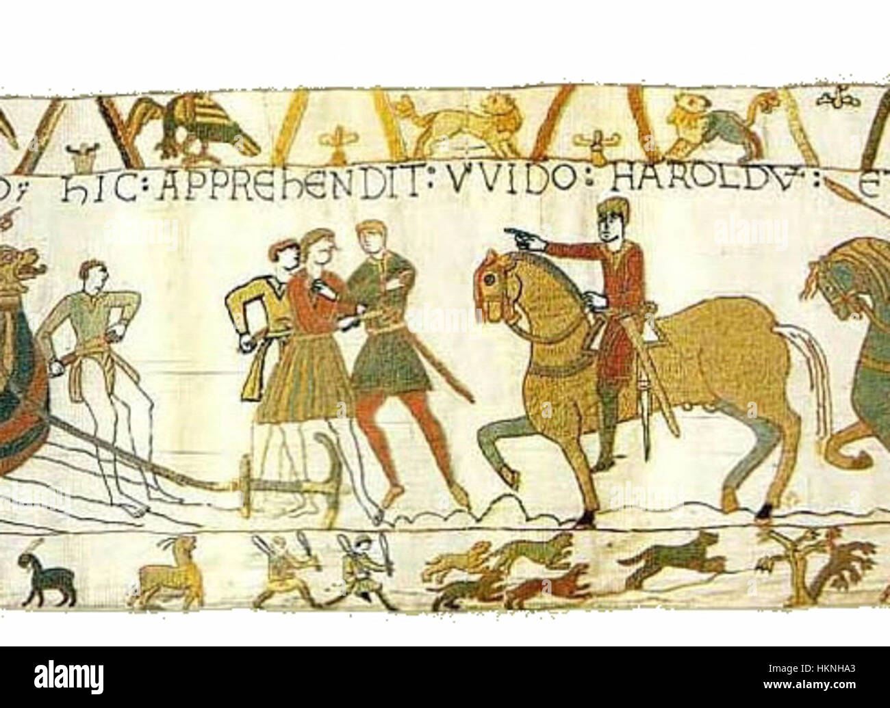 La scène 07 de la tapisserie de Bayeux illustre les événements entourant l'invasion normande de l'Angleterre en 1066, mettant l'accent sur la bataille de Hastings. La broderie détaillée met en valeur les moments clés et les personnages historiques impliqués dans le conflit. Banque D'Images