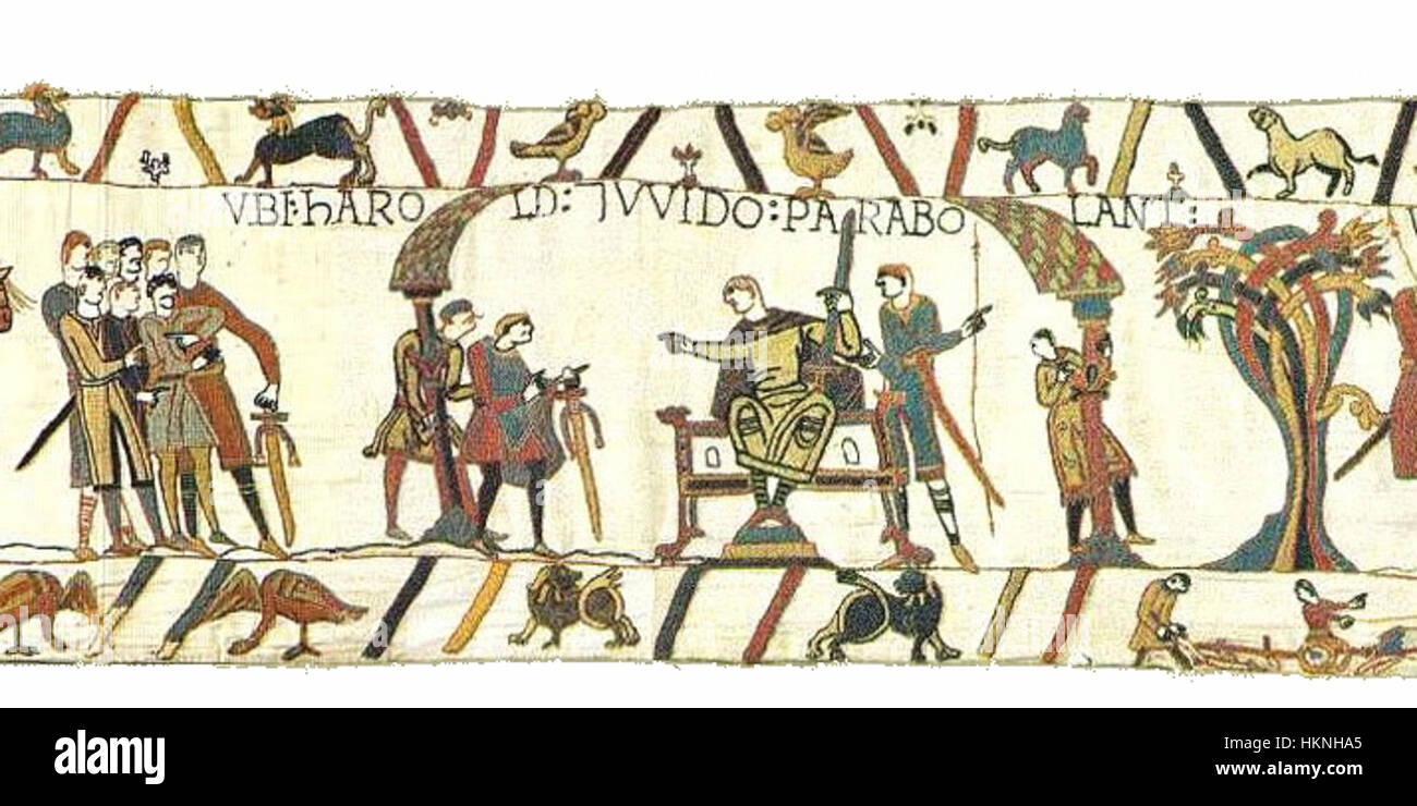 La tapisserie de Bayeux, une célèbre broderie du XIe siècle, représente de manière éclatante des scènes de la conquête normande de l'Angleterre. La scène 09 illustre les moments clés de cet événement historique, offrant un aperçu visuel de la guerre médiévale et de la politique. Banque D'Images