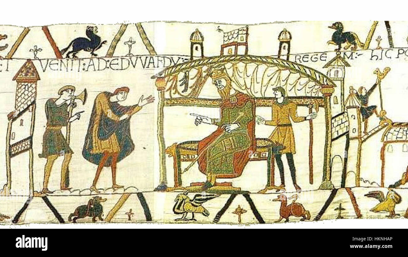 Cette scène de la tapisserie de Bayeux, créée au XIe siècle, illustre un moment clé de la conquête normande de l’Angleterre. La tapisserie est un artefact important présentant des broderies médiévales et des contes historiques. Banque D'Images