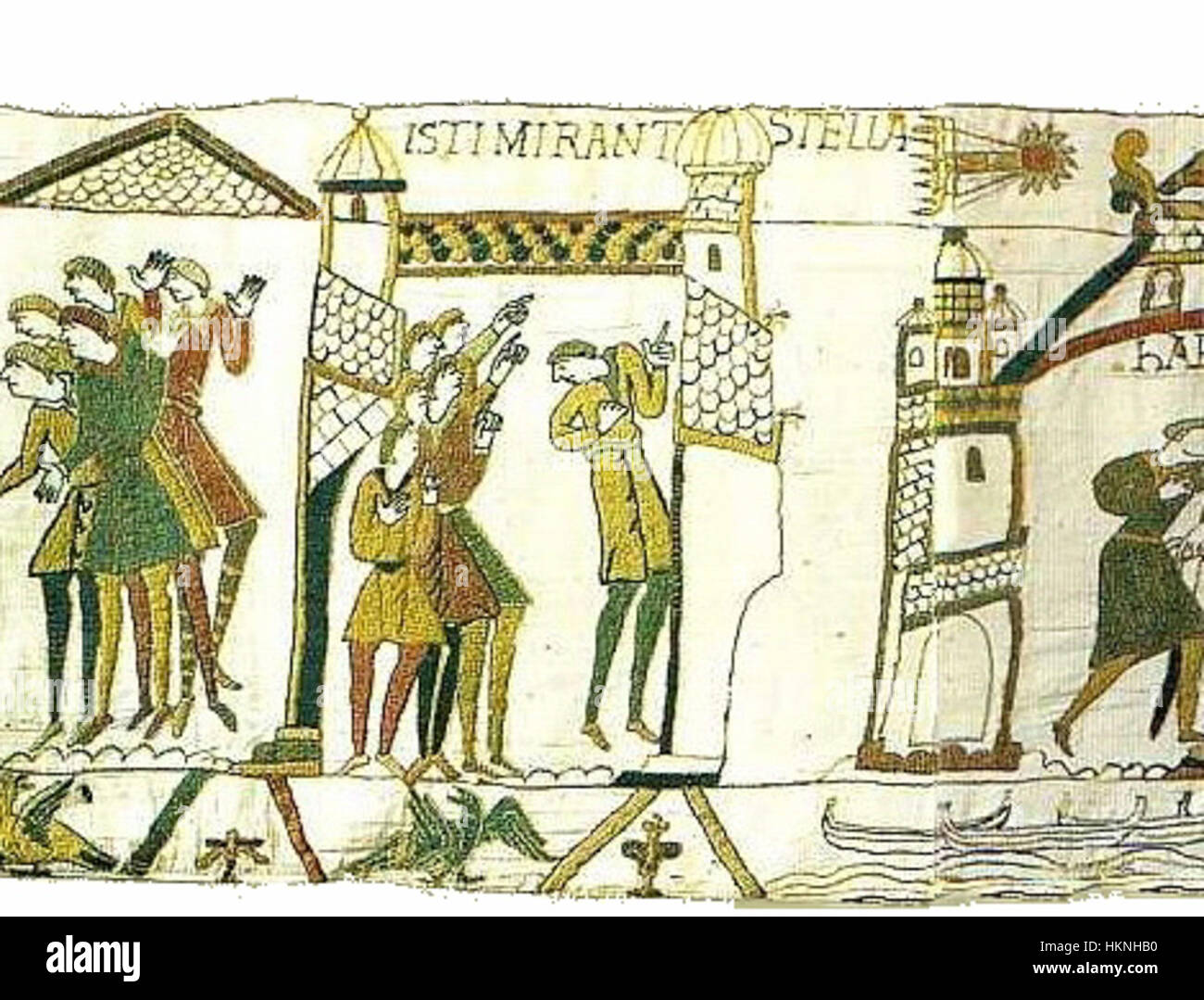 La scène 32 de la *tapisserie de Bayeux* représente l'invasion normande de l'Angleterre, montrant les événements historiques et les personnages clés qui ont précédé la bataille de Hastings. La tapisserie est une source vitale de l'histoire médiévale et de l'art. Banque D'Images