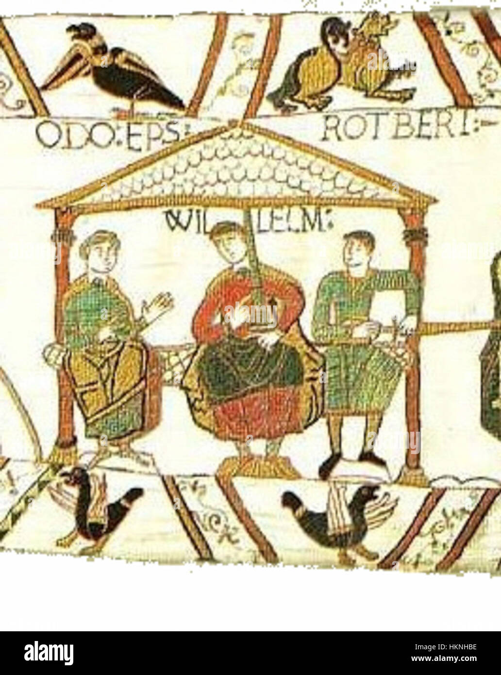 Scène 44 de la tapisserie de Bayeux, représentant un moment clé de la conquête normande de l'Angleterre au XIe siècle, mettant en valeur l'art et l'importance historique de cette œuvre médiévale. Banque D'Images