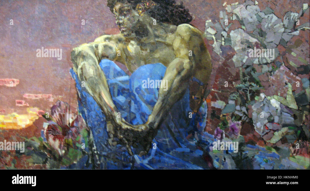 La peinture de Vrubel de 1890 intitulée « Daemon sittin » capture une figure sombre et mystique dans une profonde contemplation. La pièce met en valeur le style symbolique de l'artiste russe, mélangeant des éléments de fantaisie et de symbolisme avec des couleurs vibrantes. Banque D'Images